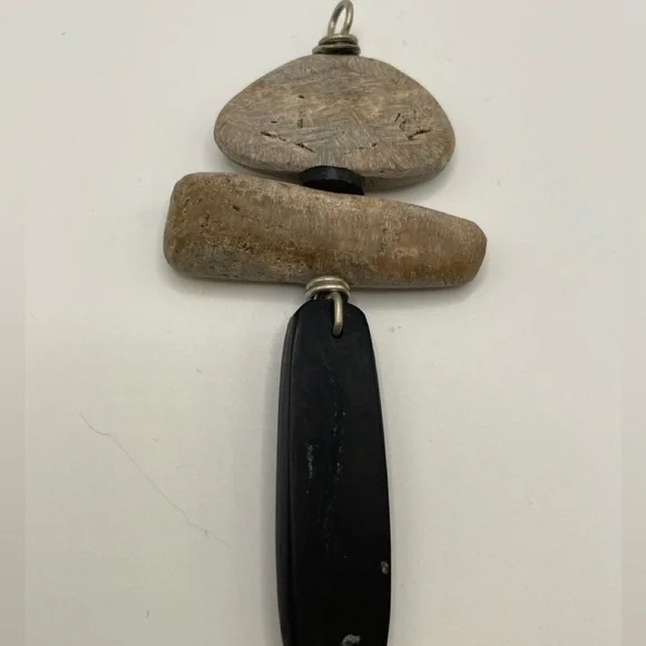 Unique Handmade Petrified Wood & Genuine Jet Totem Pendant Fossil Boho Wire Wrap - Picture 2 of 12